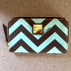 Dooney & Bourke Blue and Brown Chevron Wallet with Modern Design